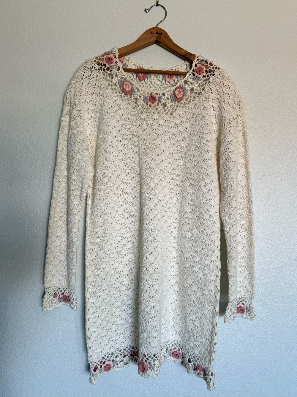 Vintage cream crochet sweater dress with pink floral embroidery & beading